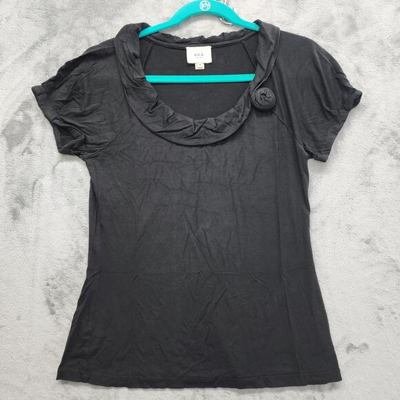 eci NY Ruffled Scoop Neck Rosette Puff Sleeve Tee Size M Black Stretchy Casual - Picture 1 of 7